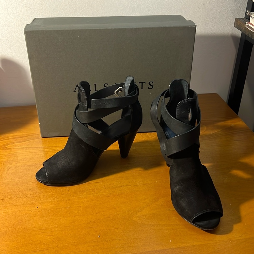 All Saints Benny strappy suede black heels EU Size 36